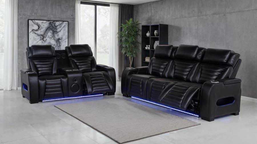 Zuma Faux Leather Dual Power Reclining Led Sofa Black