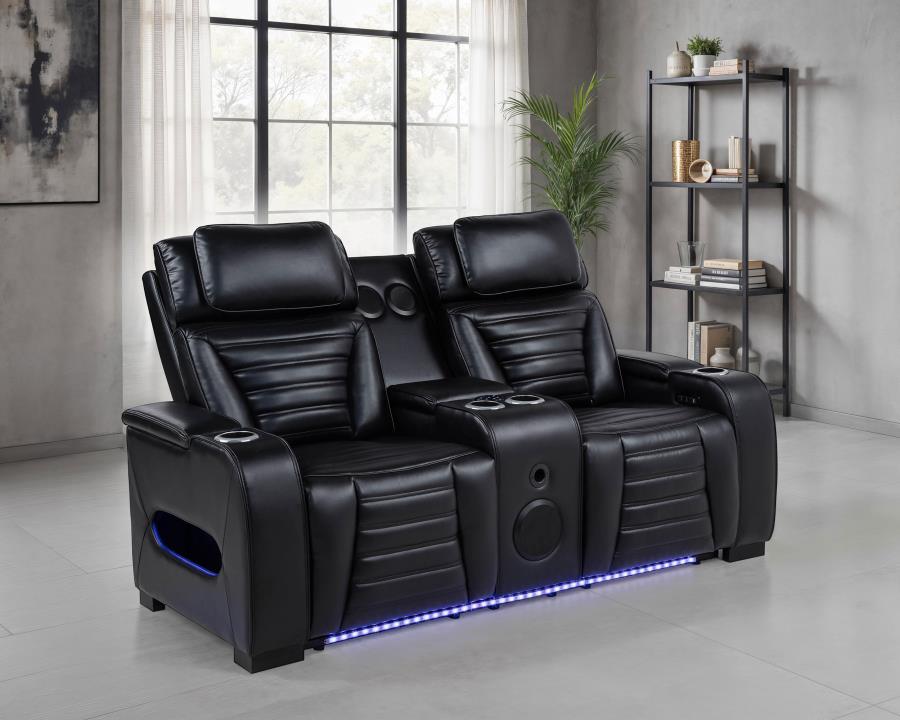 Zuma Faux Leather Dual Power Reclining Led Loveseat Black