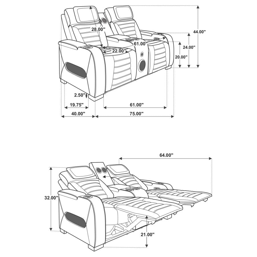 Zuma Faux Leather Dual Power Reclining Led Loveseat Black