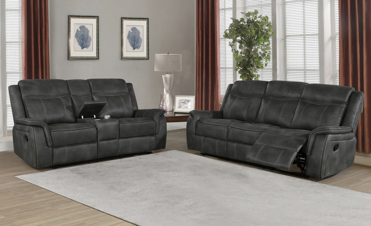 Lawrence Upholstered Padded Arm Reclining Sofa Charcoal