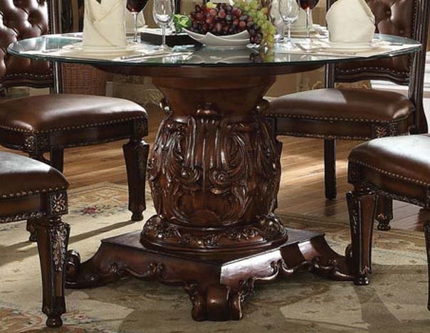 Acme Vendome Single Pedestal Dining Table with 54" Tempered Glass Top in Cherry 62010 - ATL FURNITURE