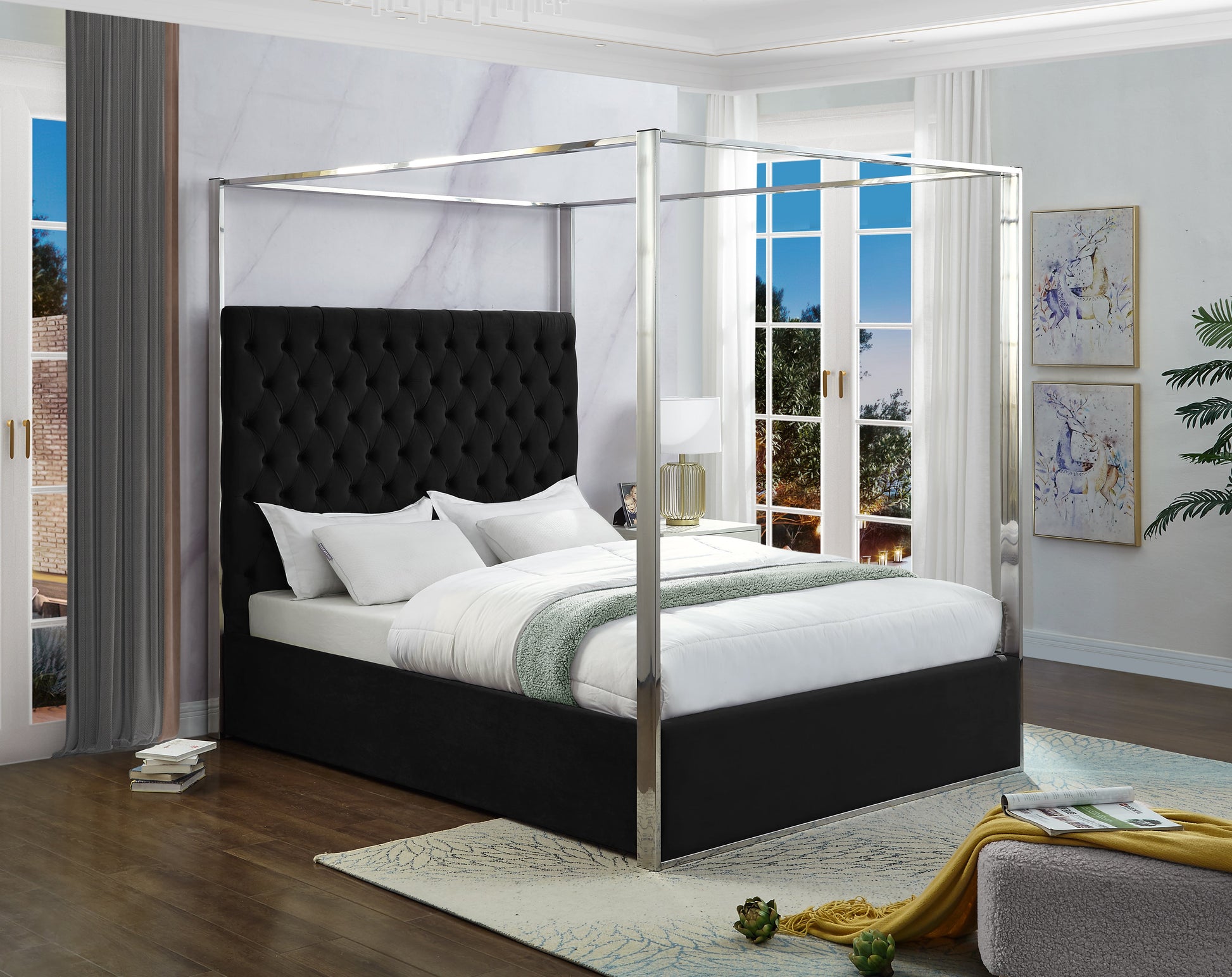 Black Upholstered Queen Canopy Bed - ATL FURNITURE