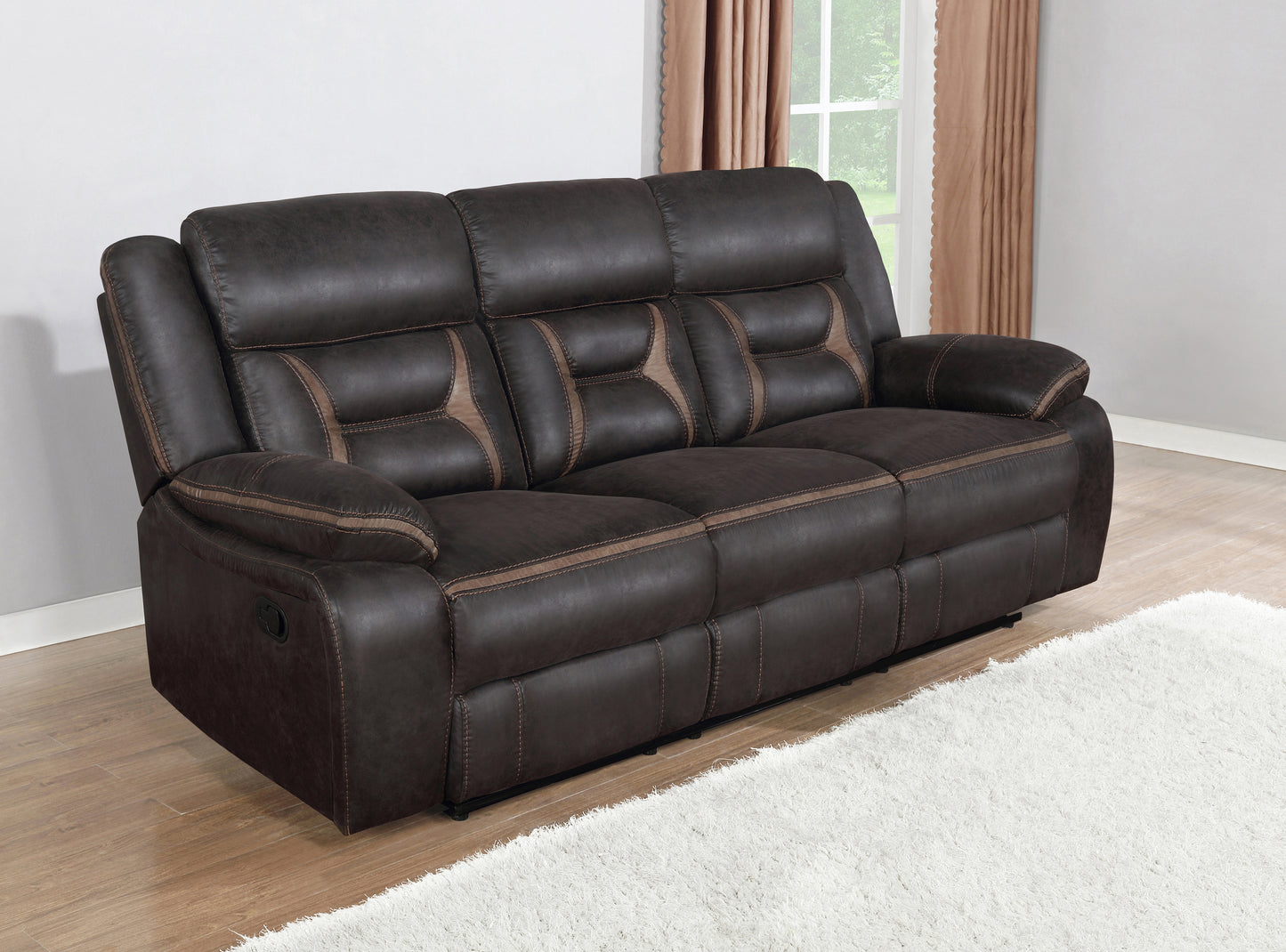 Greer Upholstered Motion Reclining Sofa Brown