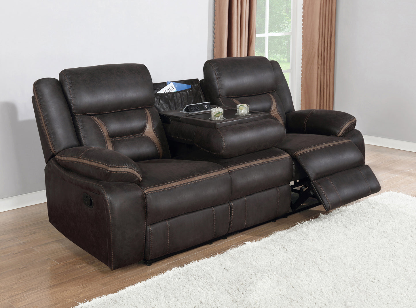 Greer Upholstered Motion Reclining Sofa Brown