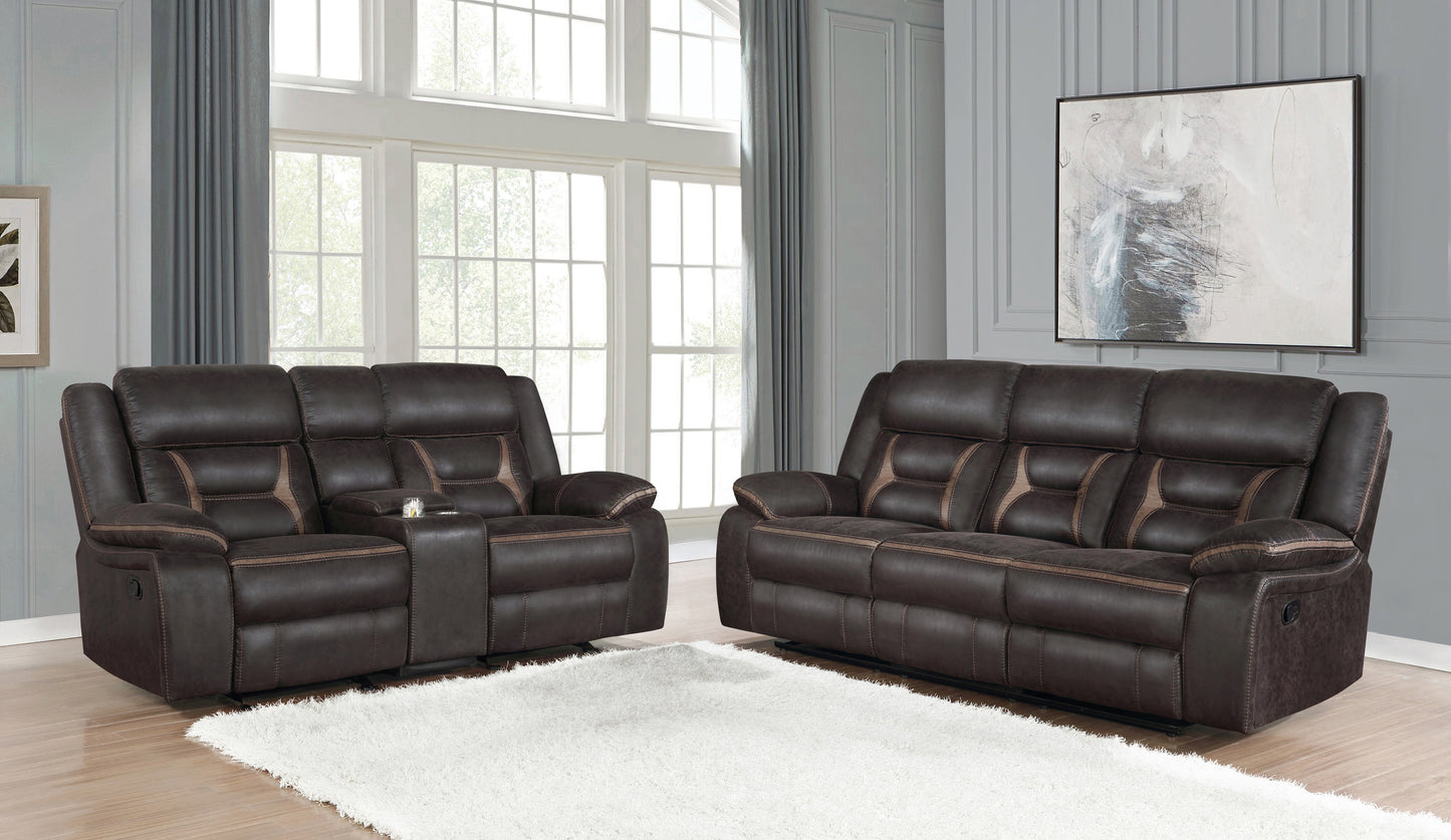 Greer Upholstered Motion Reclining Sofa Brown