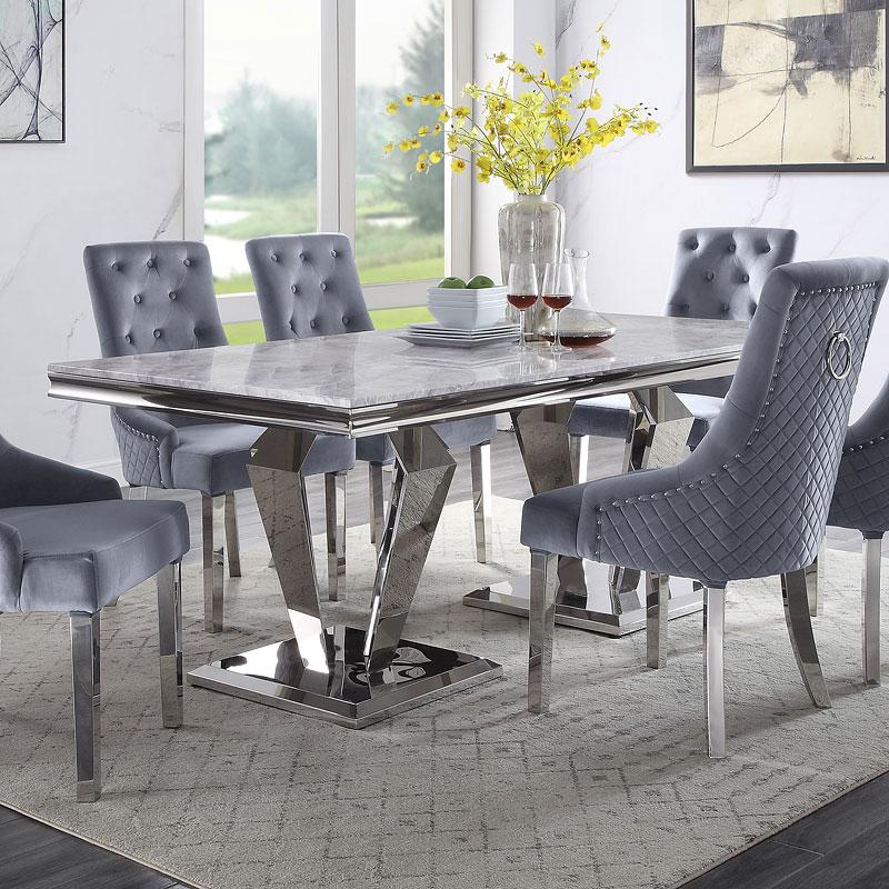 Satinka Light Gray Printed Faux Marble & Mirrored Silver Finish Dining Room Set - ATL FURNITURE