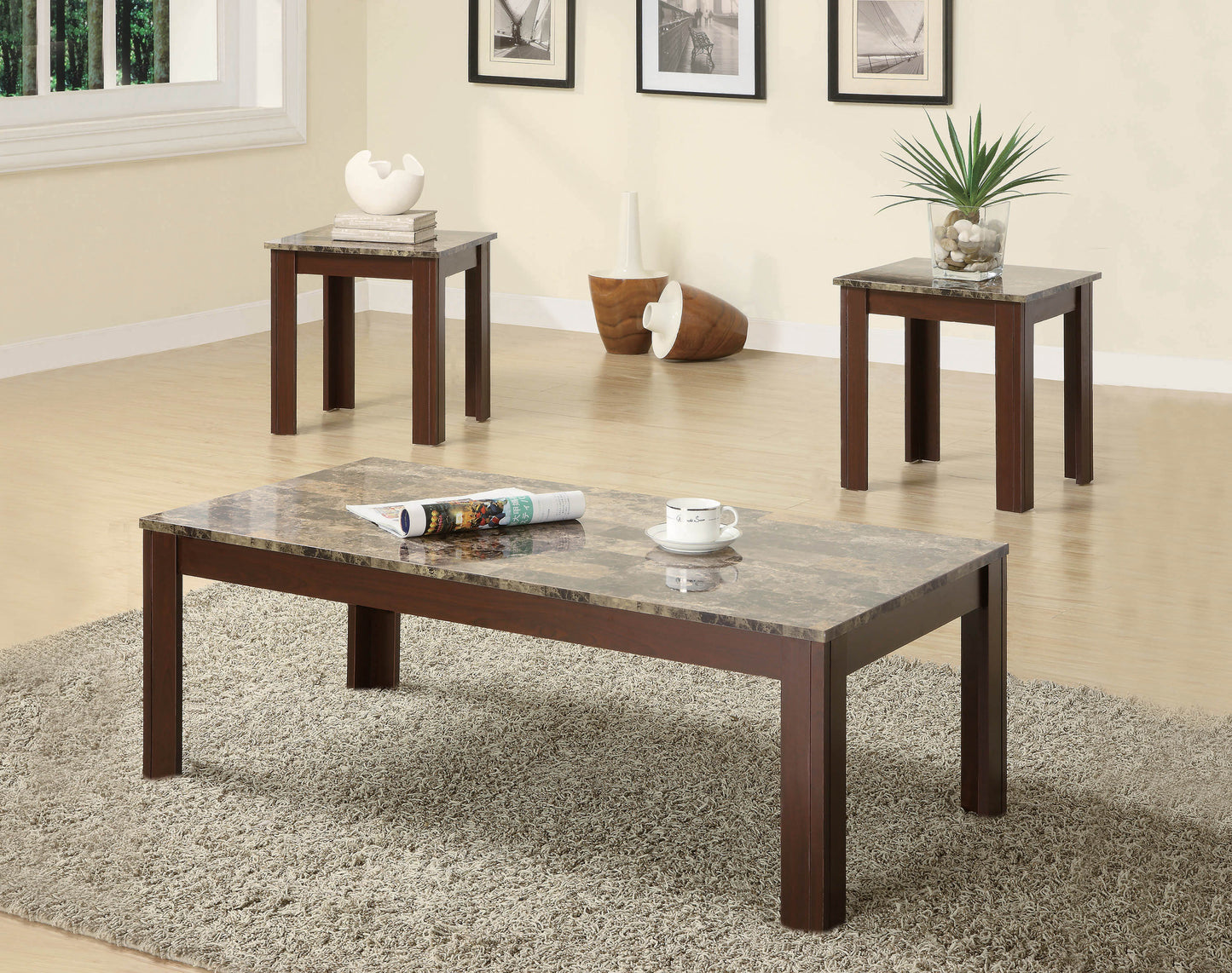 Rhodes 3-piece Faux Marble Top Coffee Table Set Brown