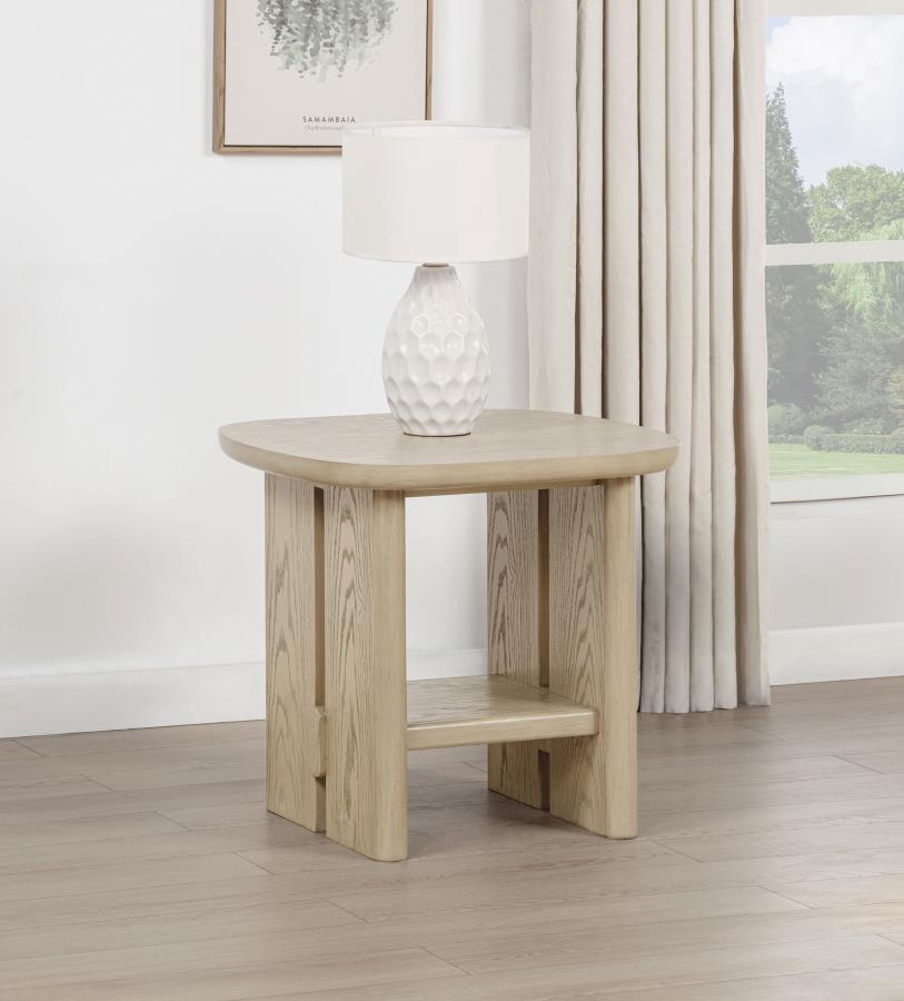 Kailani Coastal Square End Side Table With Shelf Beige Oak