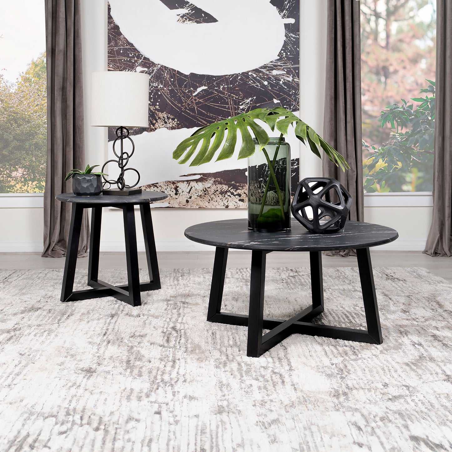 Skylark Round End Table with Marble-like Top Letizia and Light Oak