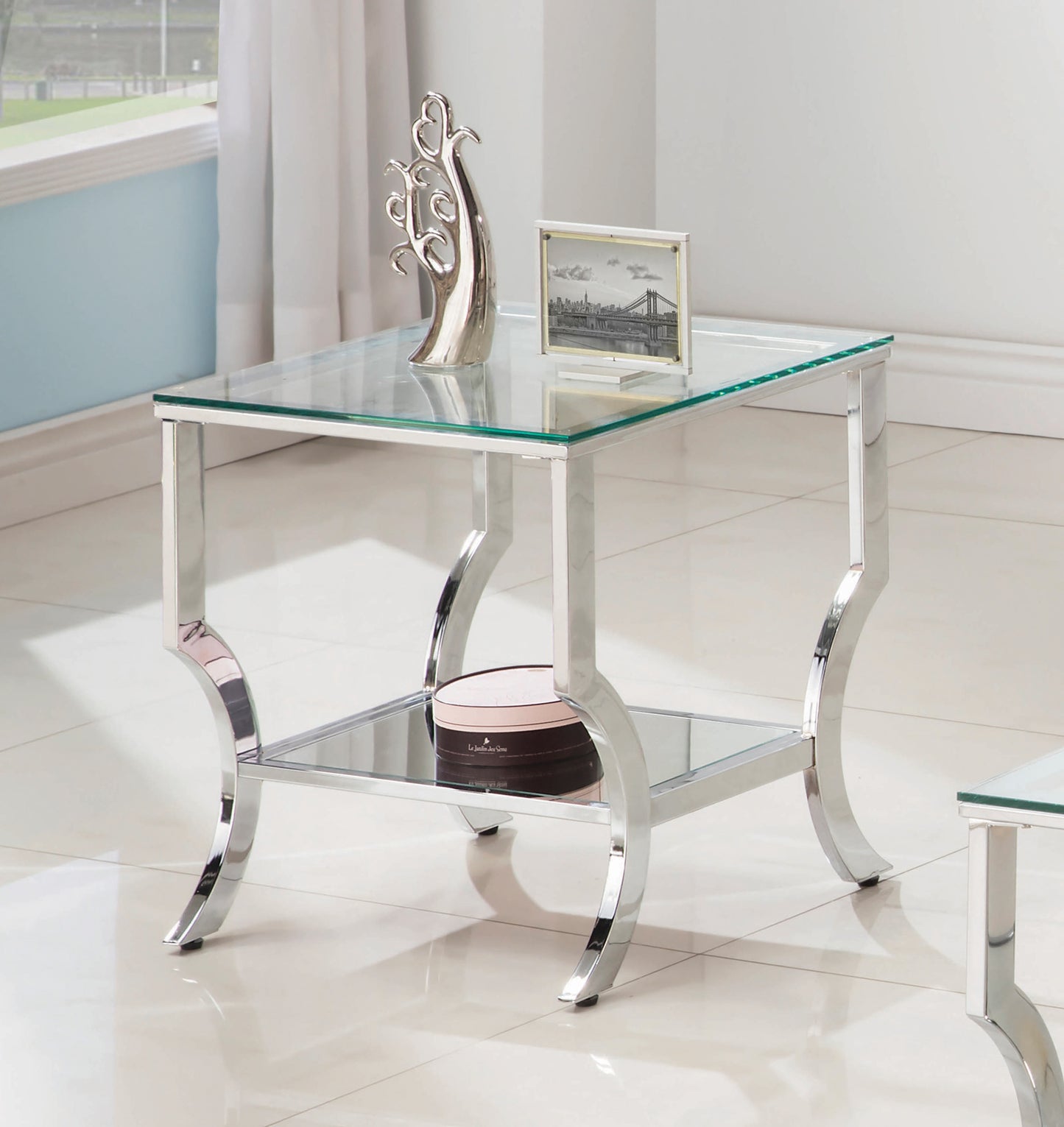 Saide Square End Table with Mirrored Shelf Chrome