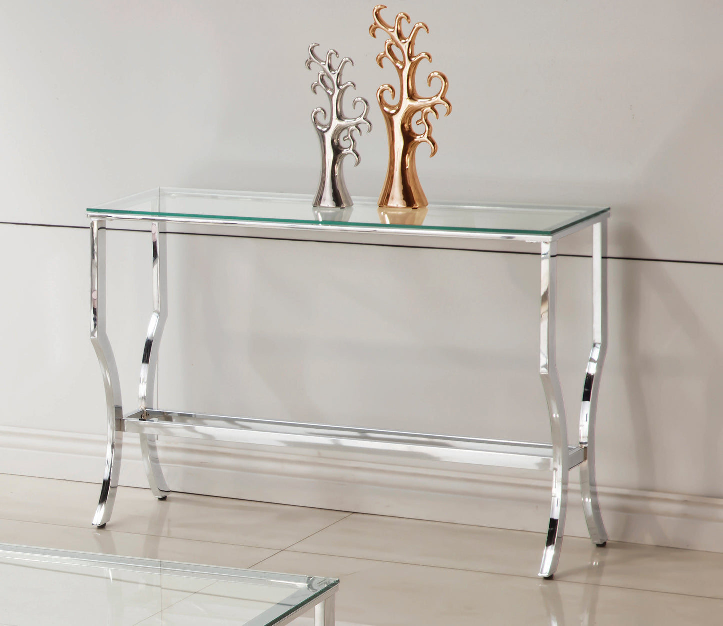 Saide Rectangular Sofa Table with Mirrored Shelf Chrome