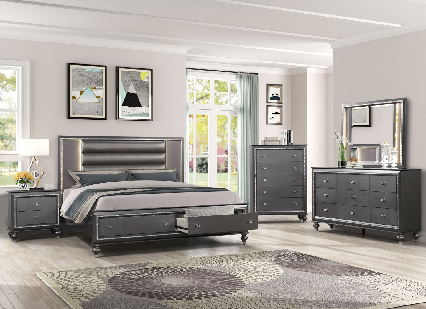 Gray LED Bedroom with Footboard Drawers - ATL FURNITURE