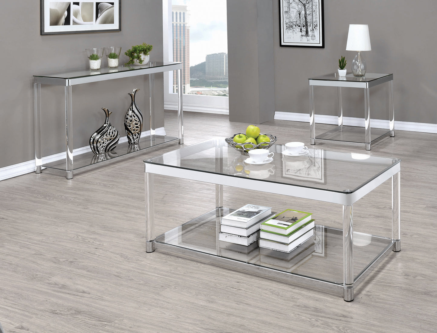 Anne Rectangular Glass Top Acrylic Leg Coffee Table Chrome