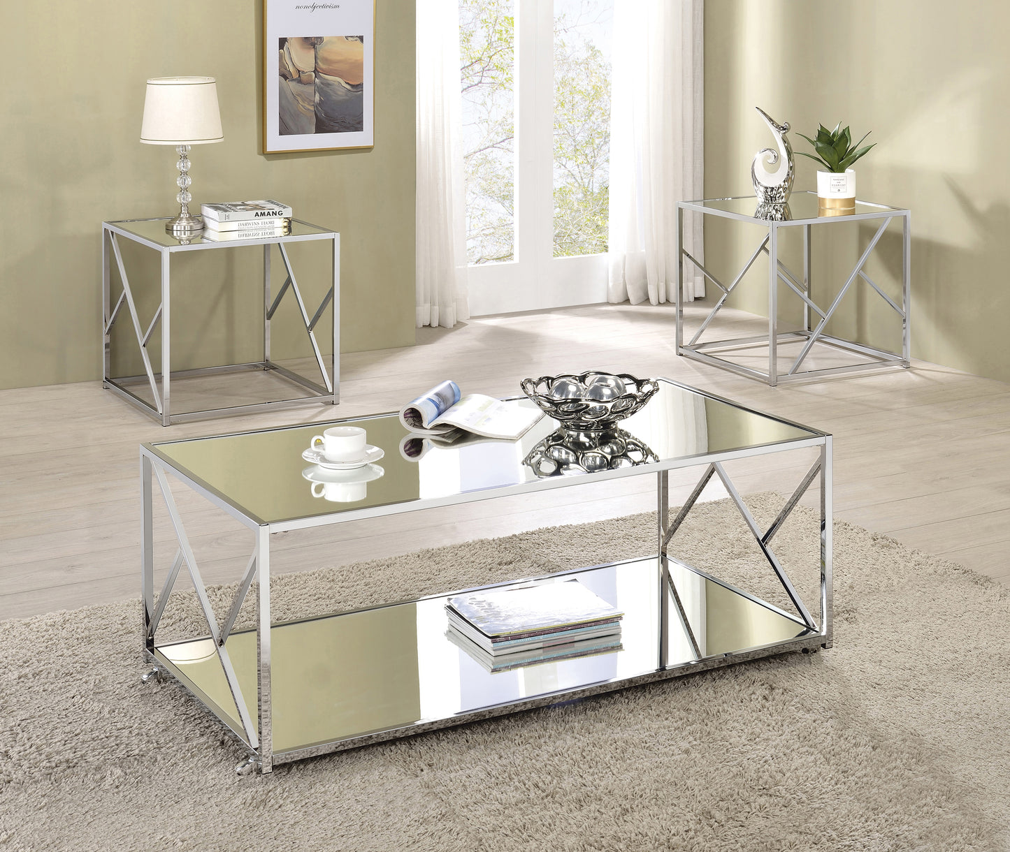 Provins 3-piece Occasional Table Set Clear Mirror and Chrome