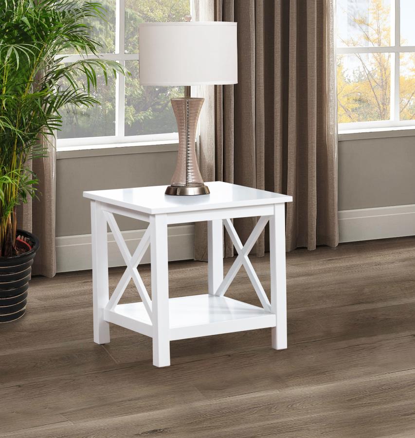 Skyview Square Pine Wood Side End Table With Shelf White