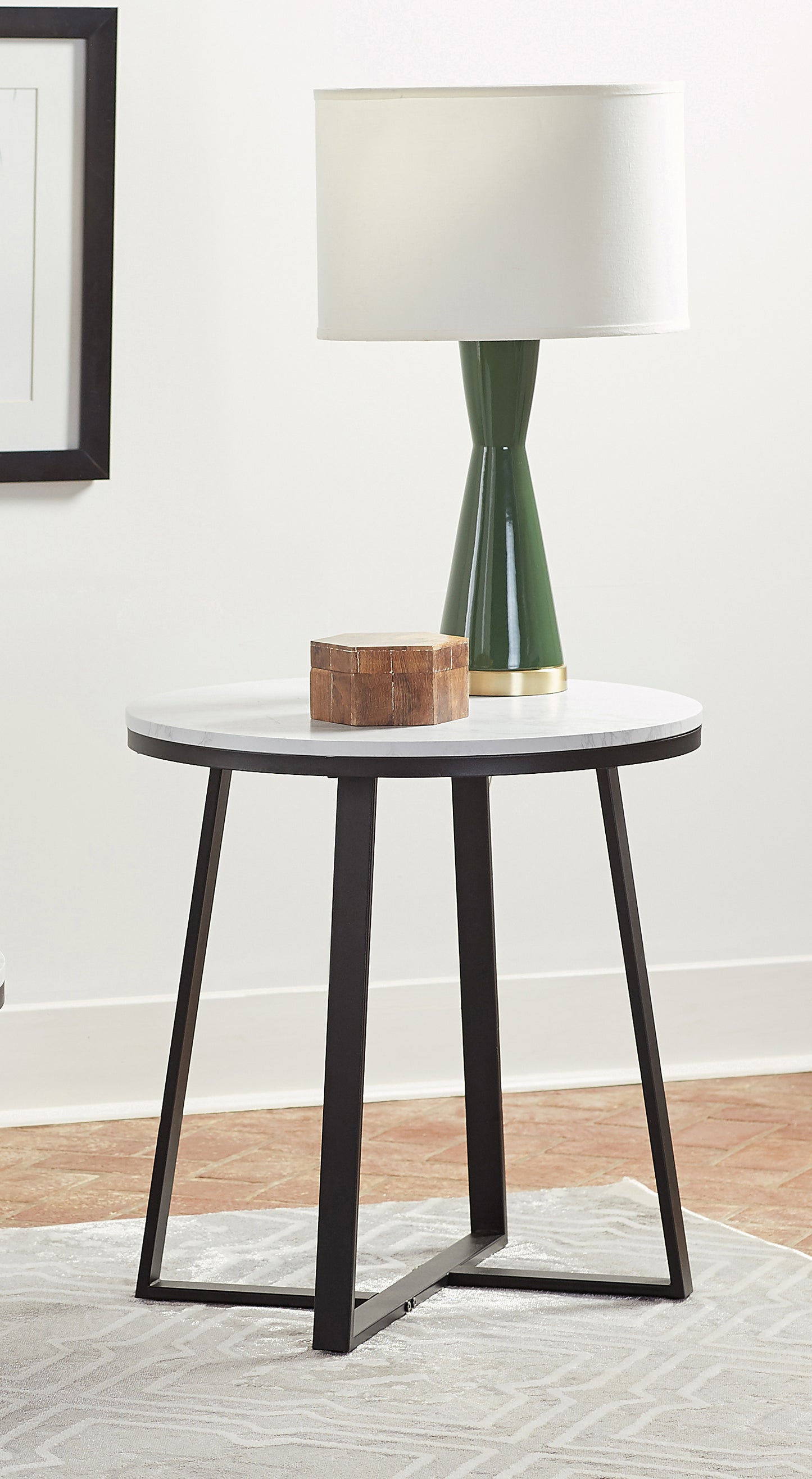 Hugo Round Faux Marble End Table White and Matte Black