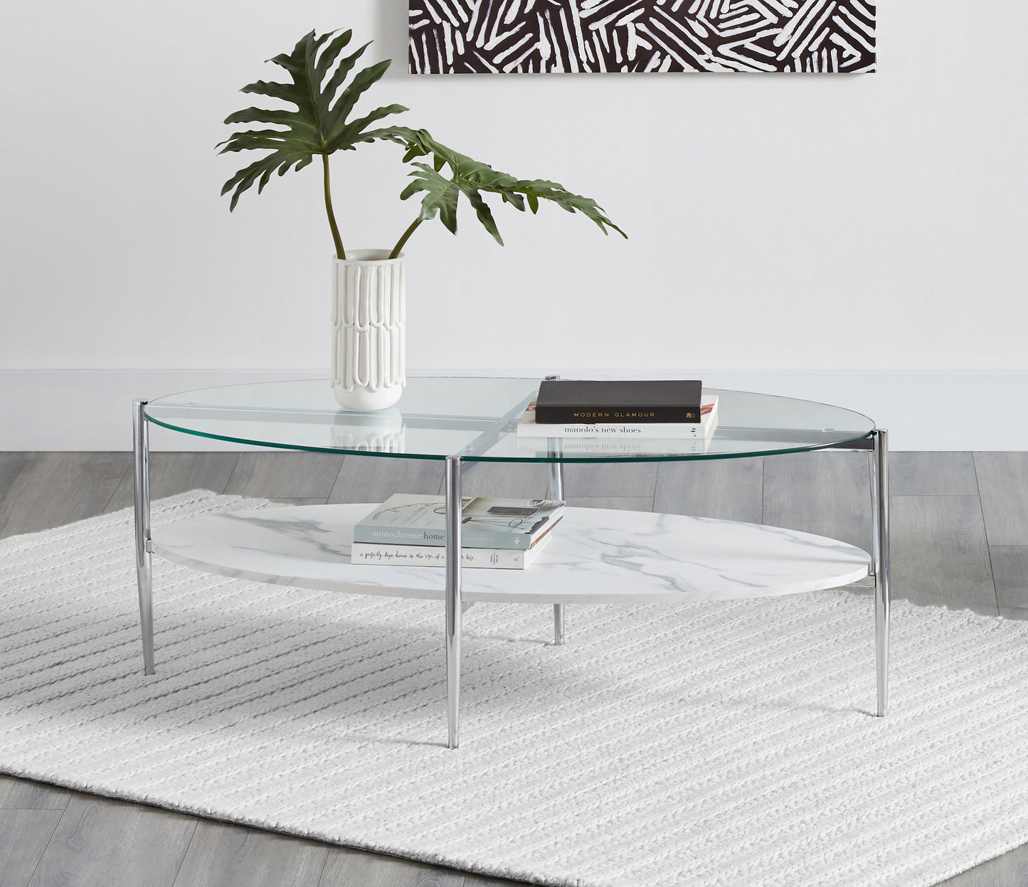 Cadee Oval Glass Top Coffee Table White and Chrome