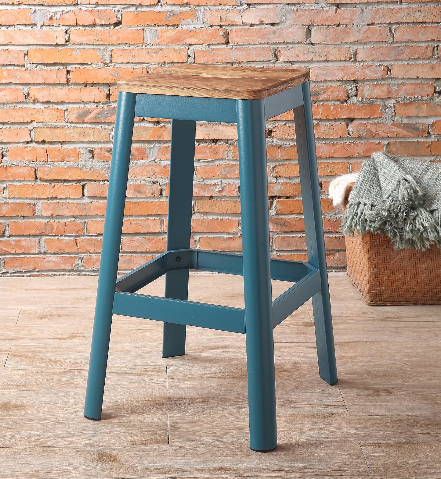 Jacotte Natural & Teal Bar Stool (1Pc) - ATL FURNITURE