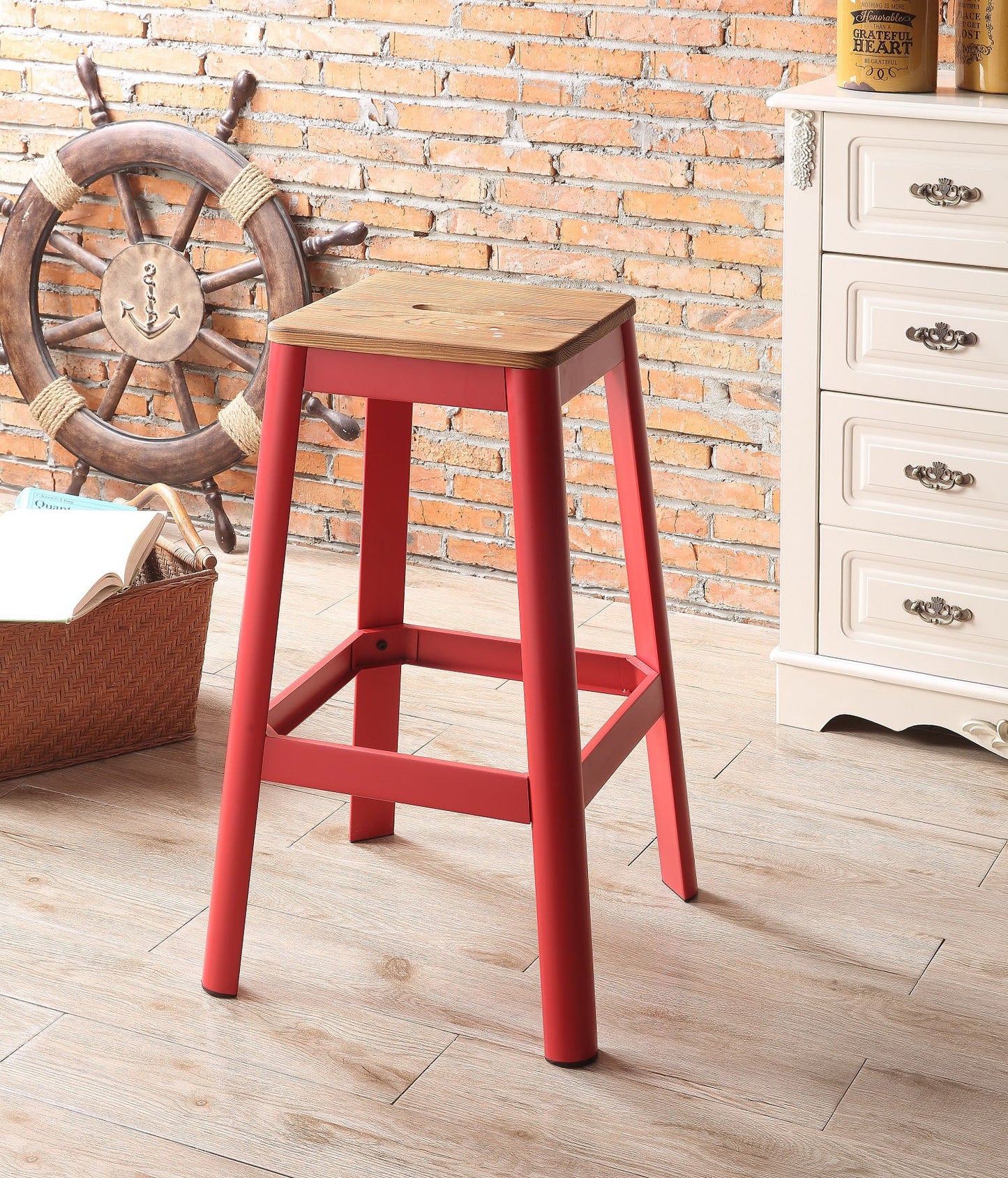 Jacotte Natural & Red Bar Stool (1Pc) - ATL FURNITURE