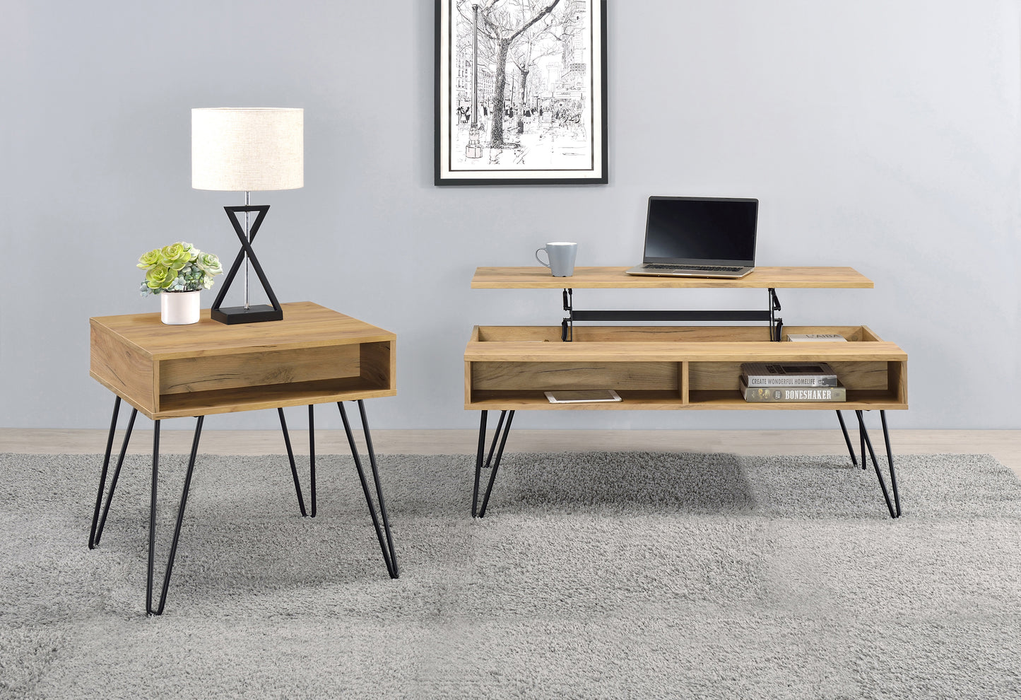 Fanning Engineered Wood Side End Table Golden Oak