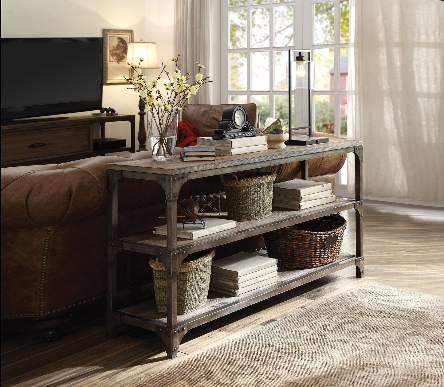 Gorden Weathered Oak & Antique Silver Console Table - ATL FURNITURE