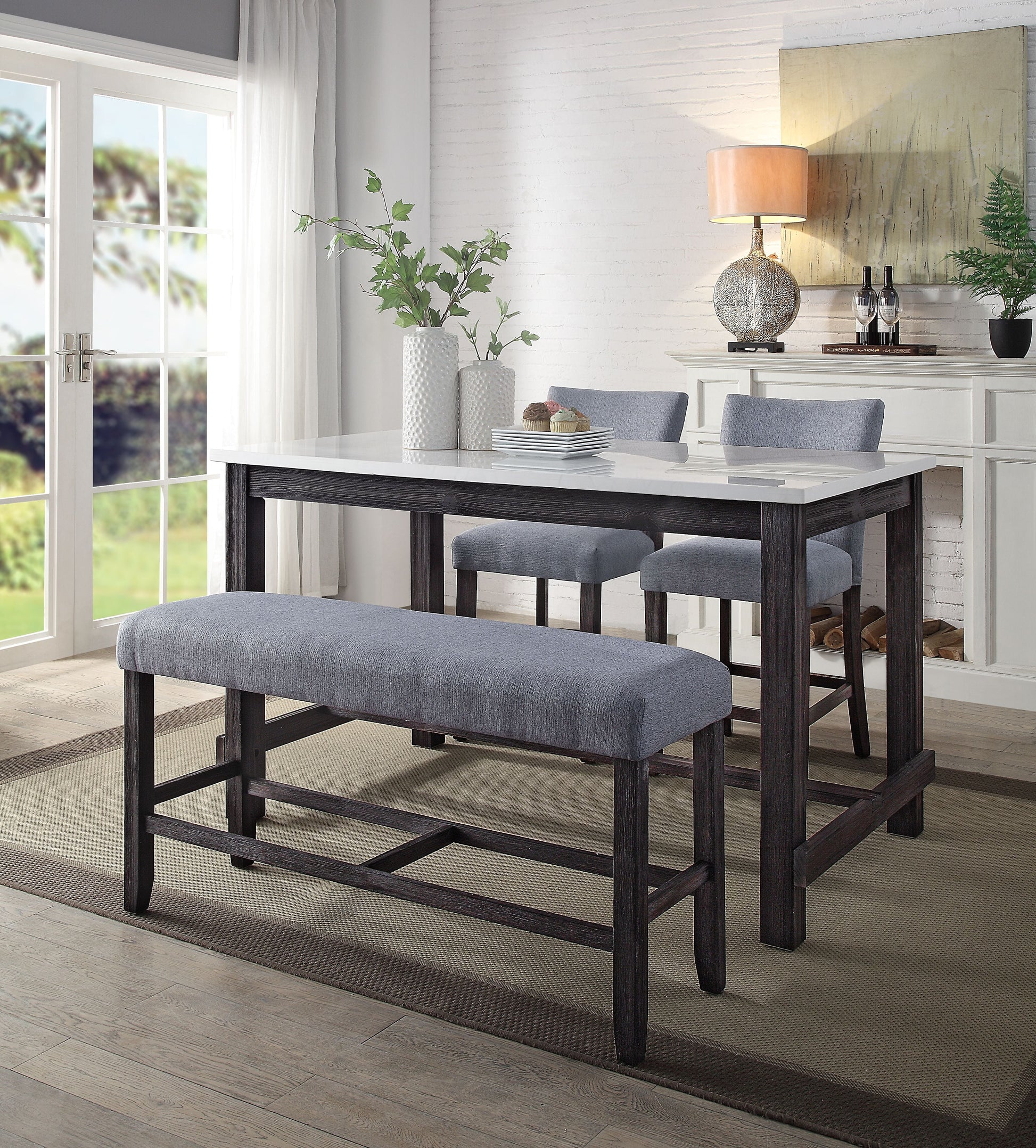 Yelena Marble & Weathered Espresso Counter Height Table, Bench & 2 Chairs - ATL FURNITURE