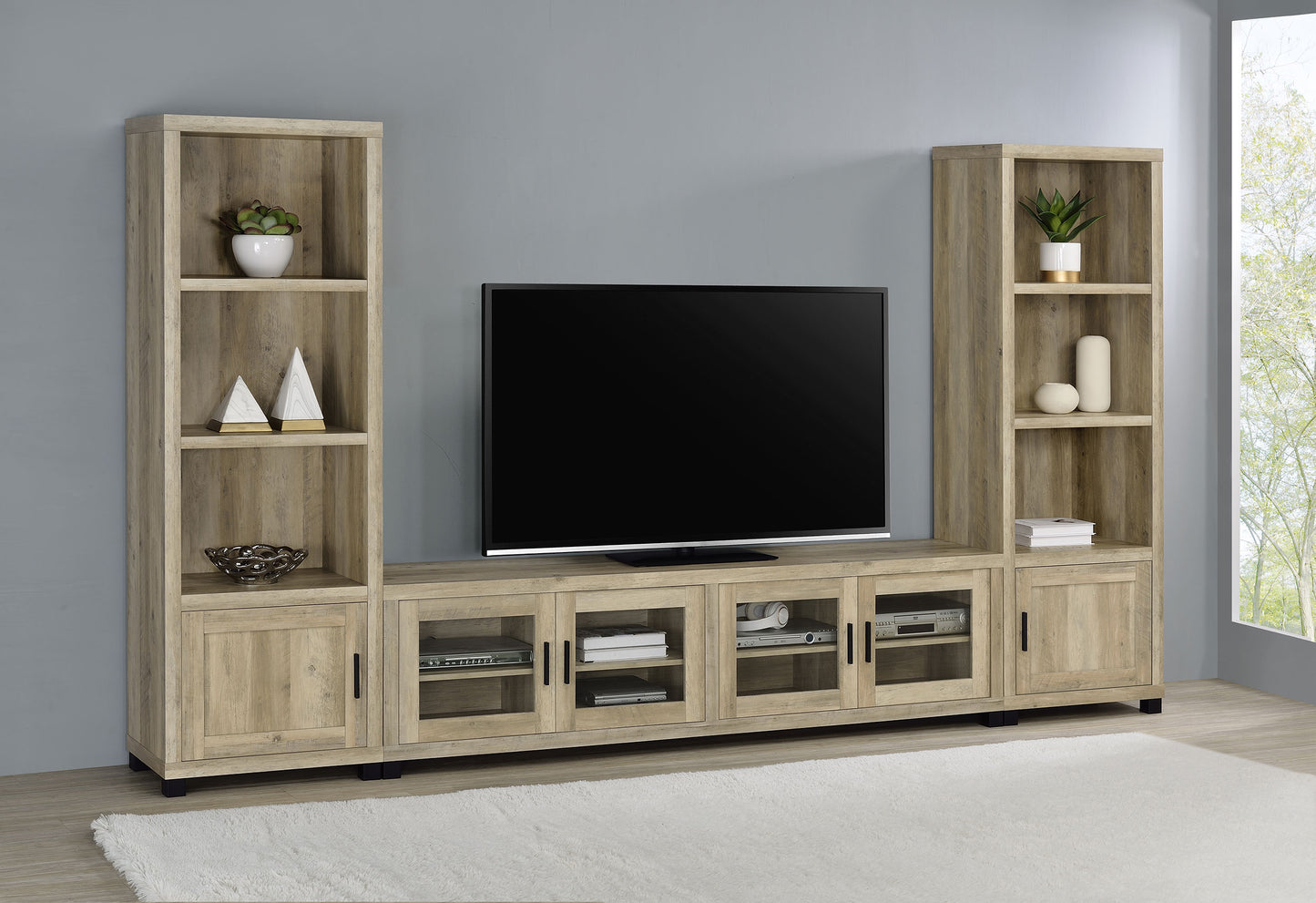 Sachin 4-door Engineered Wood 79" TV Stand Distressed Pine