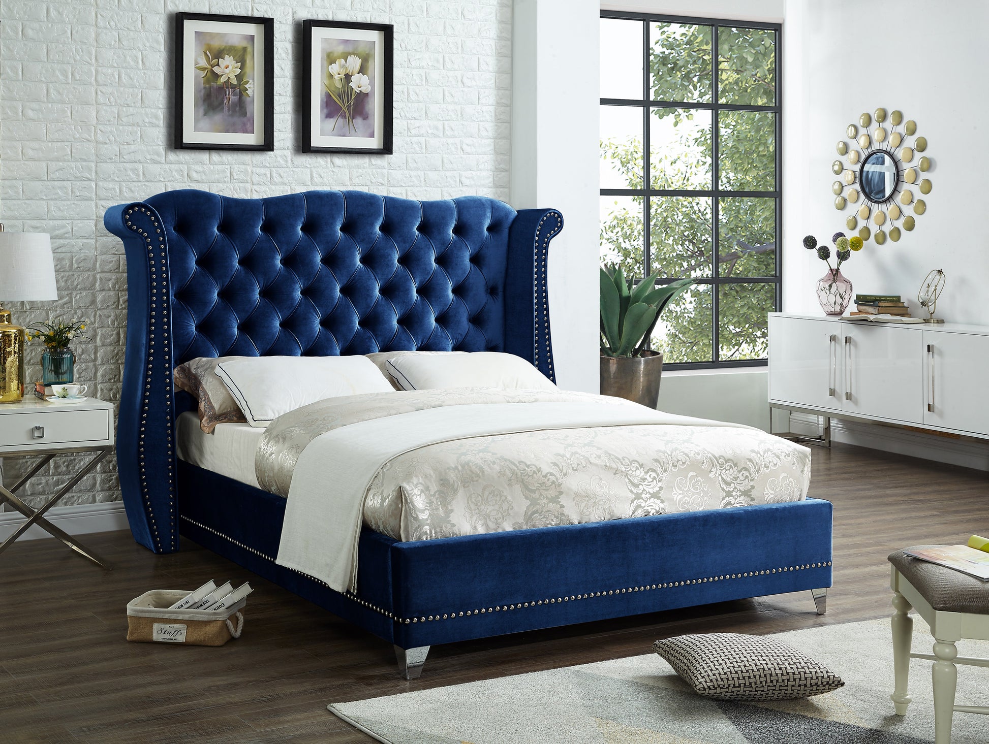 Navy Blue Upholstered Queen Bed - ATL FURNITURE