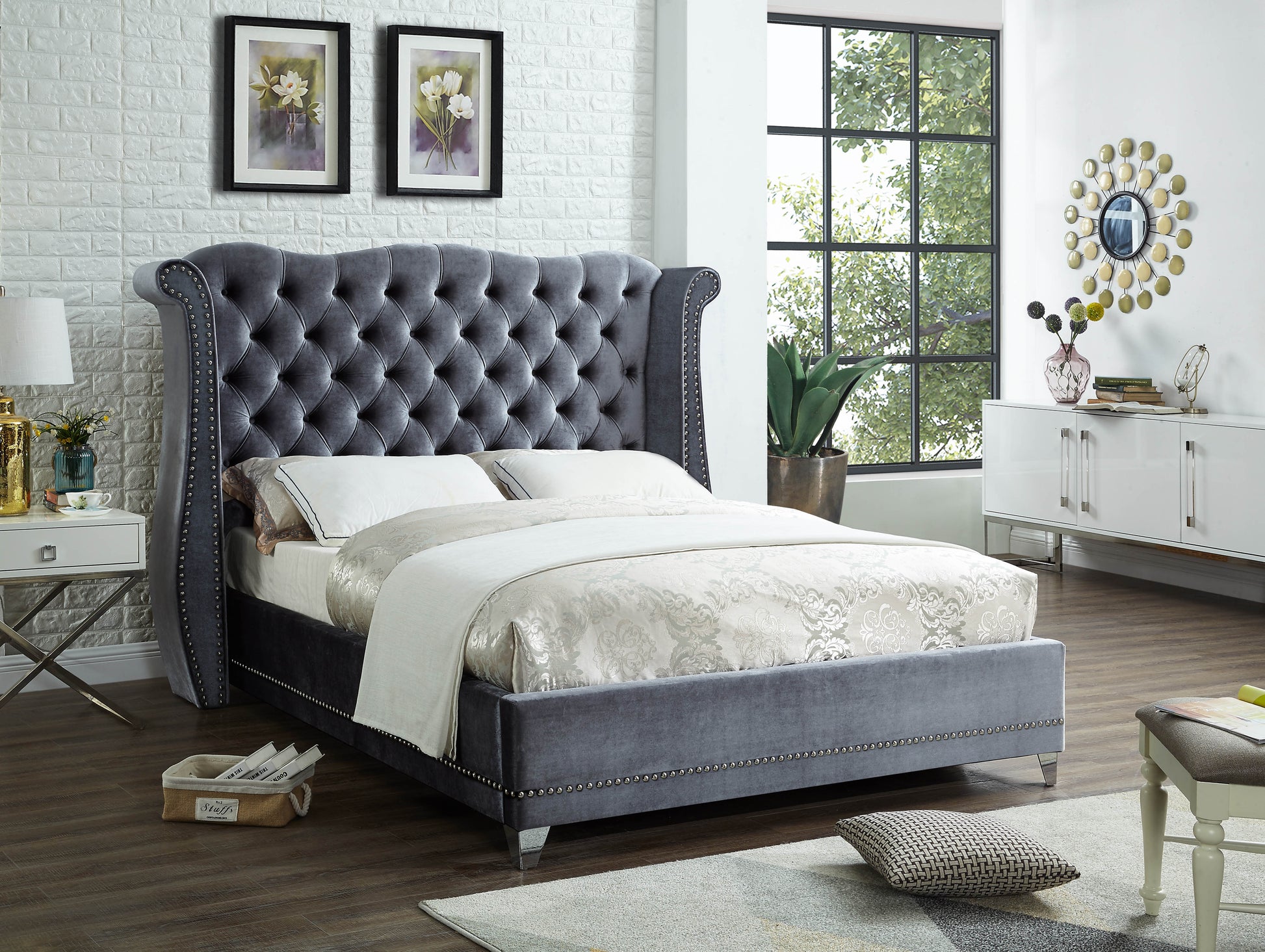 Gray Upholstered Queen Bed - ATL FURNITURE