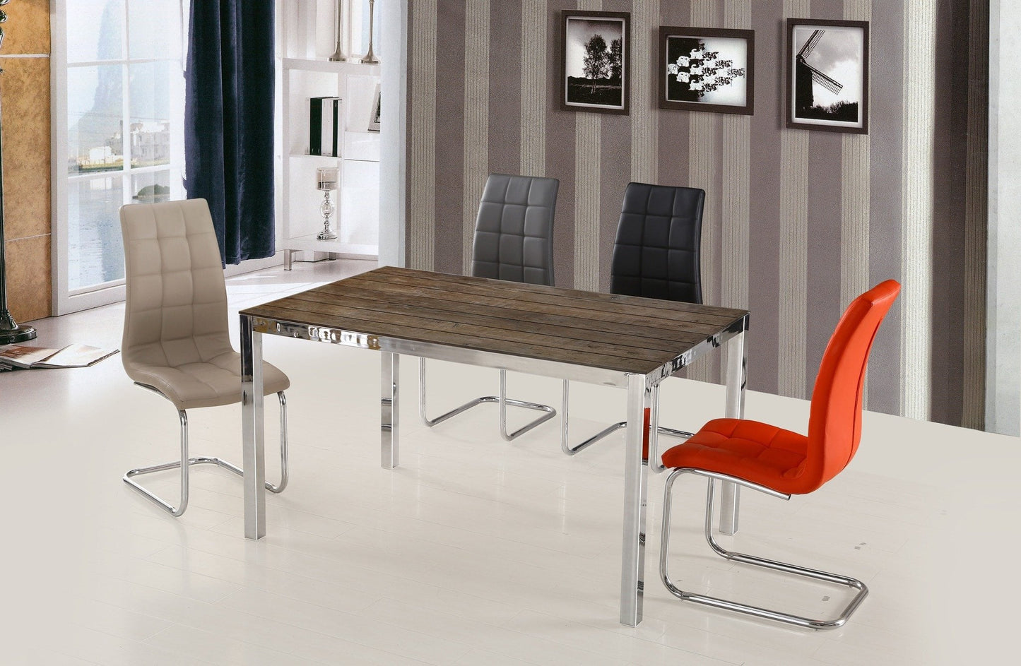 Wood Design Dining Table; Chrome & 4 Chairs - ATL FURNITURE