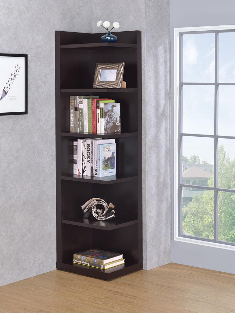 Transitional Cappuccino Corner Bookcase - ATL FURNITURE