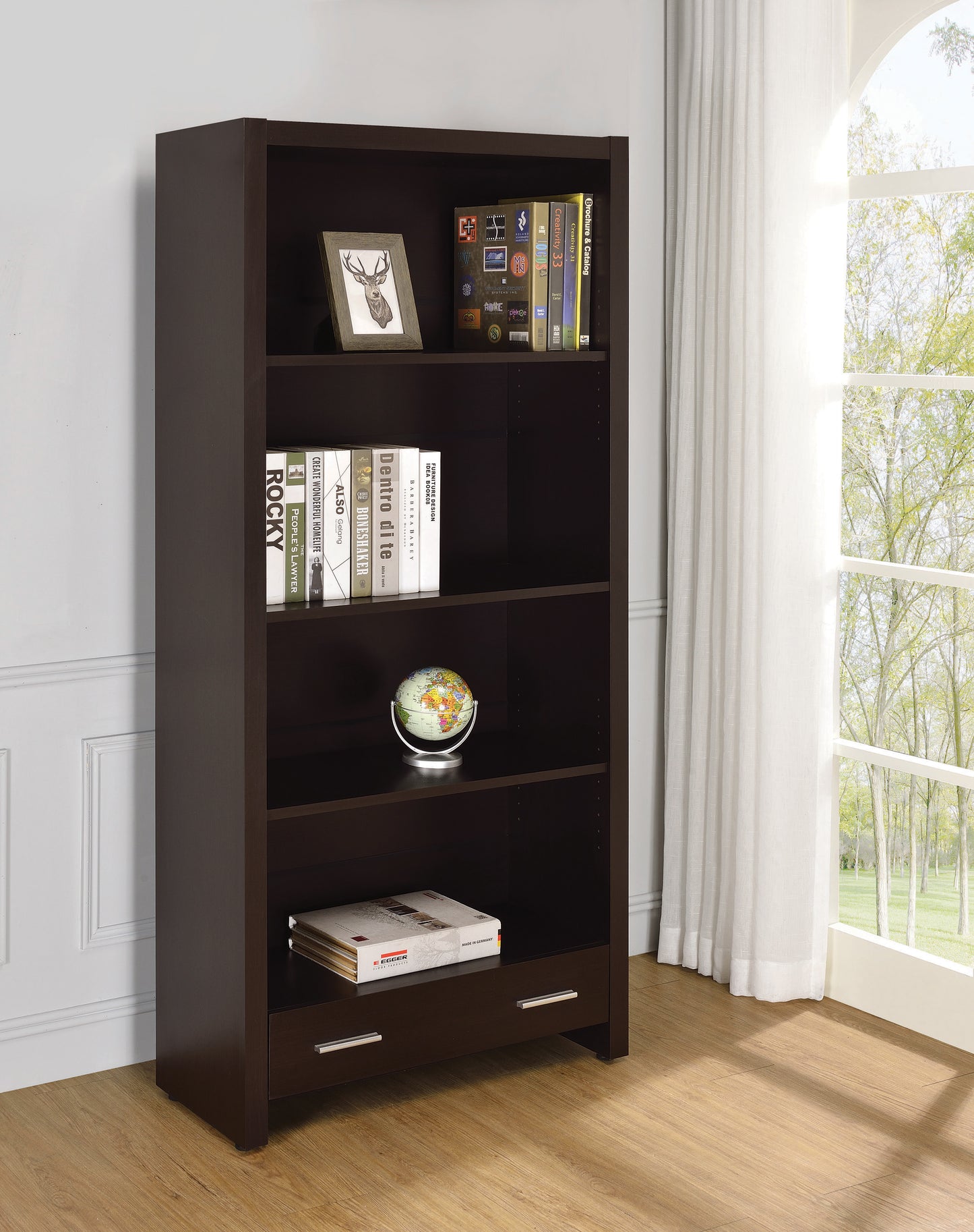 Skylar 71-inch 5-shelf Bookcase with Drawer Cappuccino