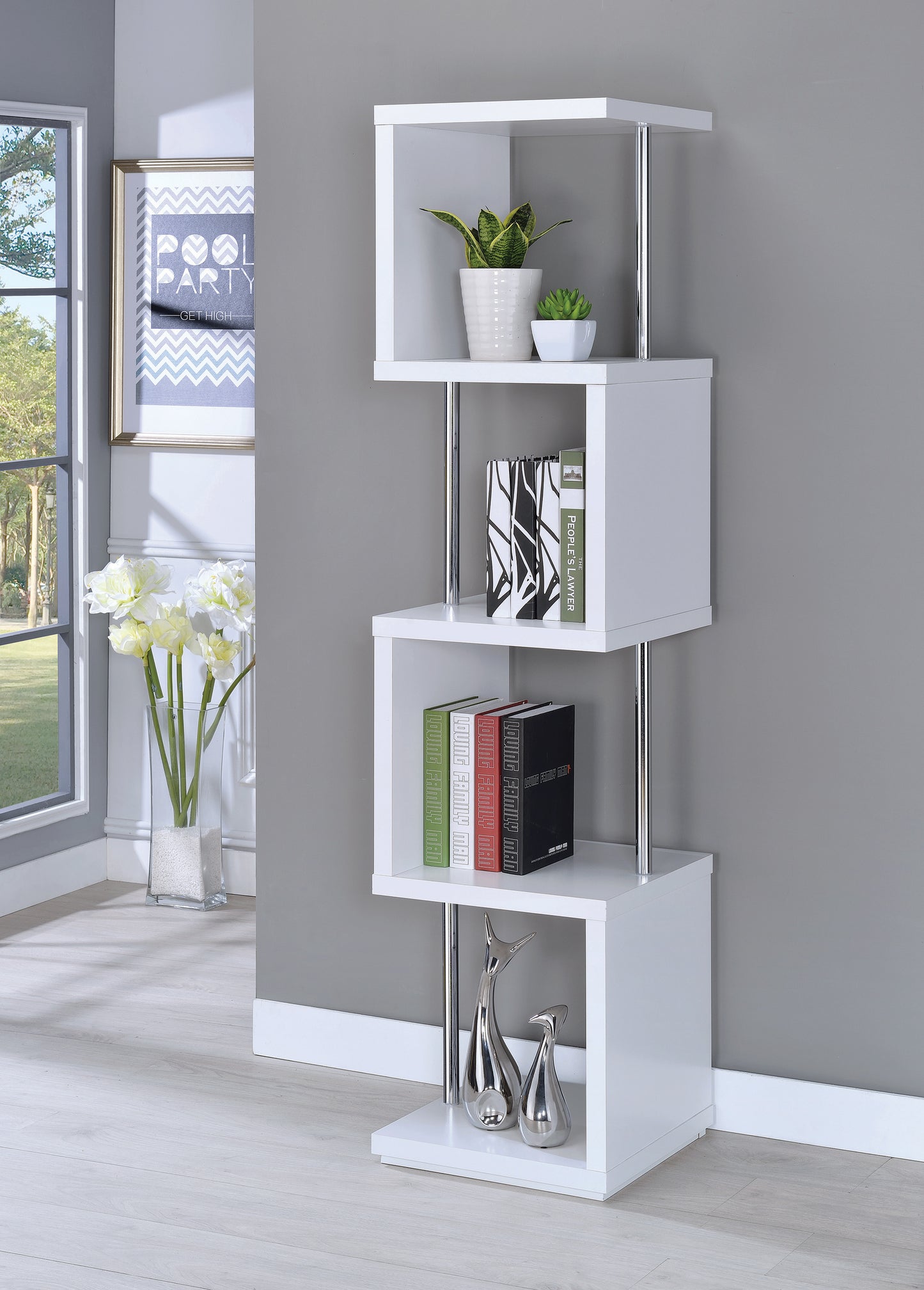 Baxter 67-inch 4-shelf Bookshelf White and Chrome