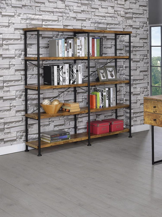 Barritt Industrial Antique Nutmeg Double-Wide Bookcase - ATL FURNITURE