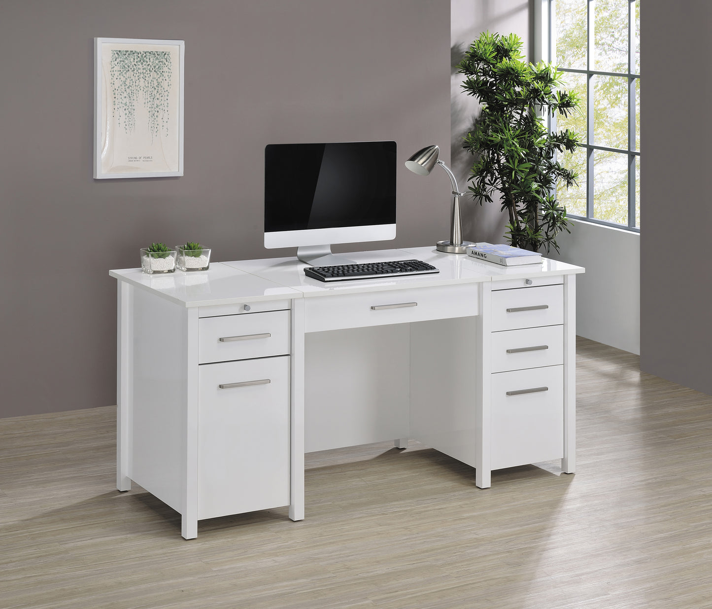 Dylan 60-inch 4-drawer Lift Top Office Desk White High Gloss