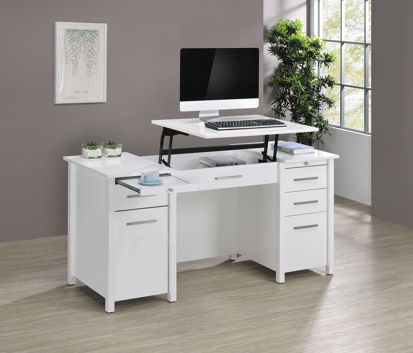 Dylan 60-inch 4-drawer Lift Top Office Desk White High Gloss