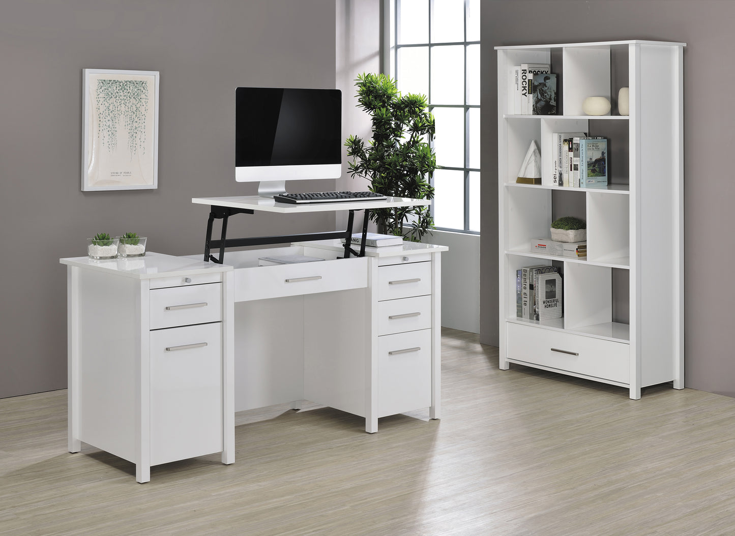 Dylan 60-inch 4-drawer Lift Top Office Desk White High Gloss