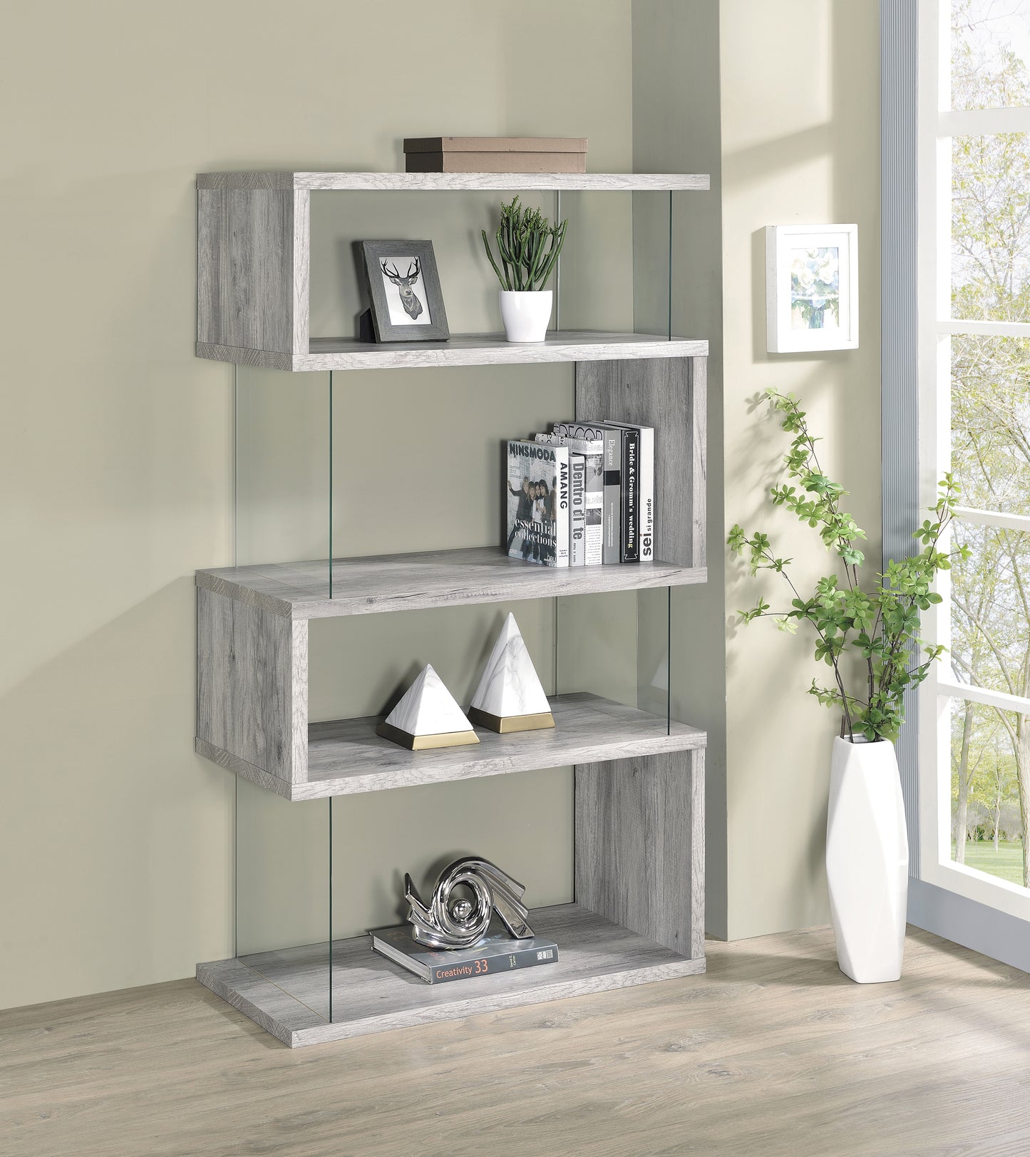 Emelle 63-inch 4-shelf Glass Panel Bookshelf Grey Driftwood