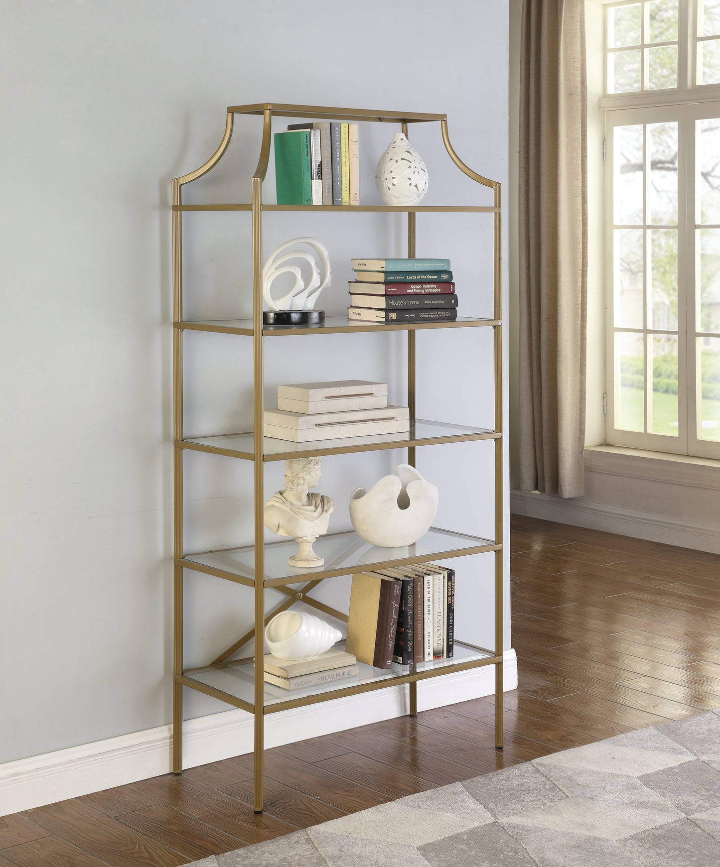 Serena 70-inch 5-shelf Glass Bookshelf Gold