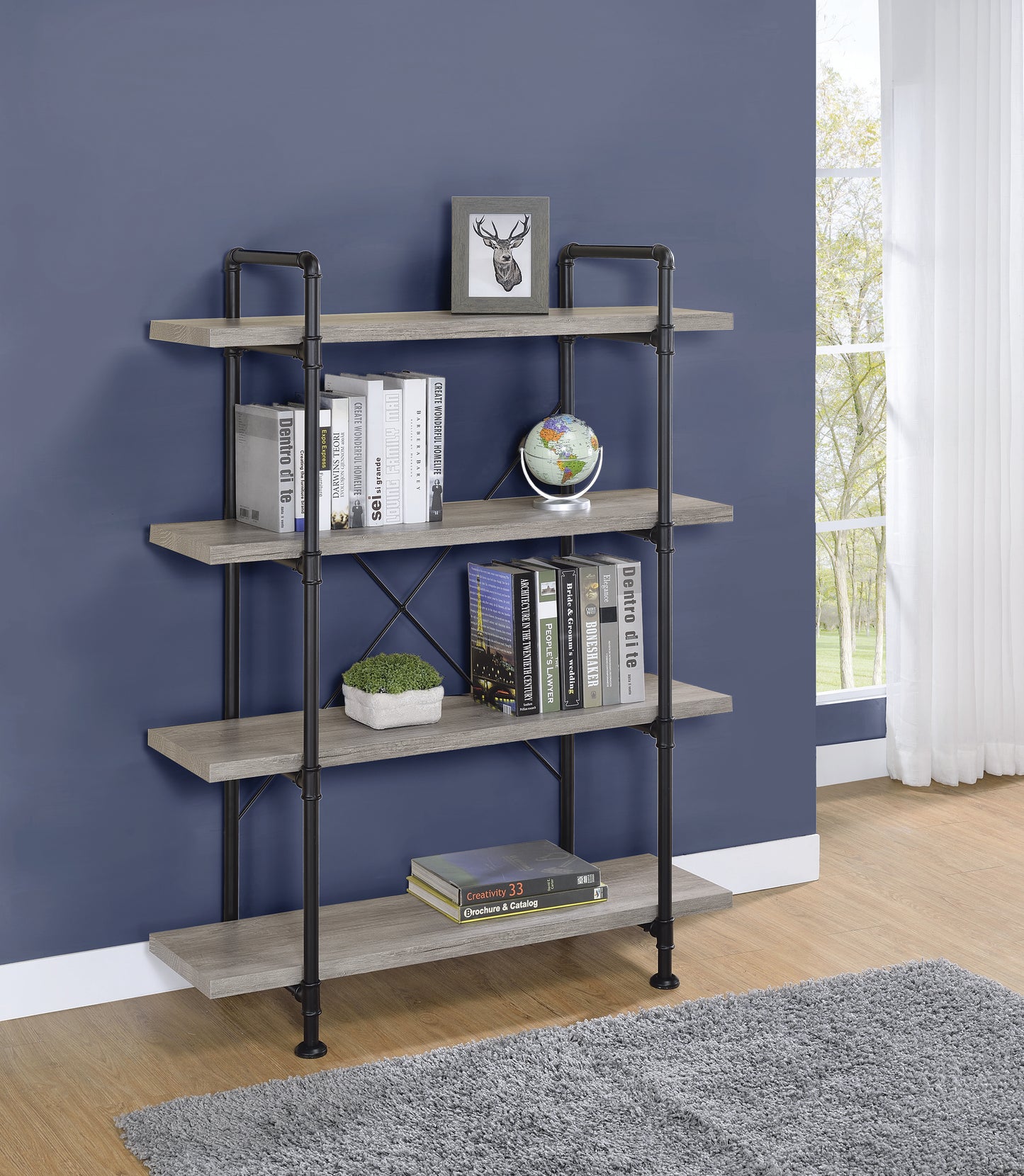 Delray 56-inch 4-shelf Bookshelf Grey Driftwood and Black