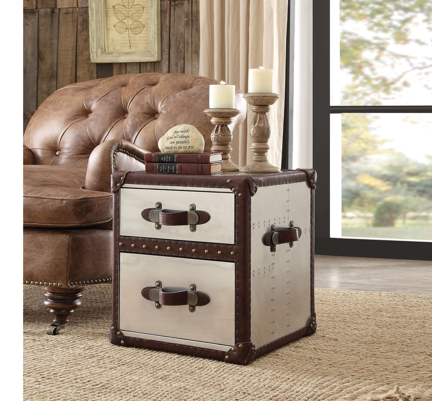 Aberdeen Vintage Dark Brown Top Grain Leather & Aluminum End Table - ATL FURNITURE