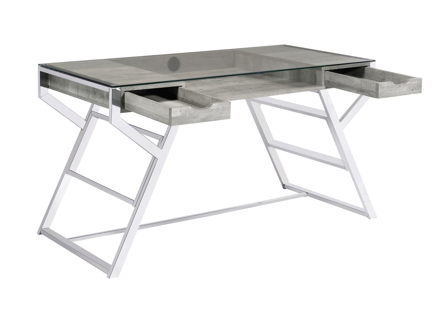 Emelle 56-inch Glass Top Writing Desk Grey Driftwood