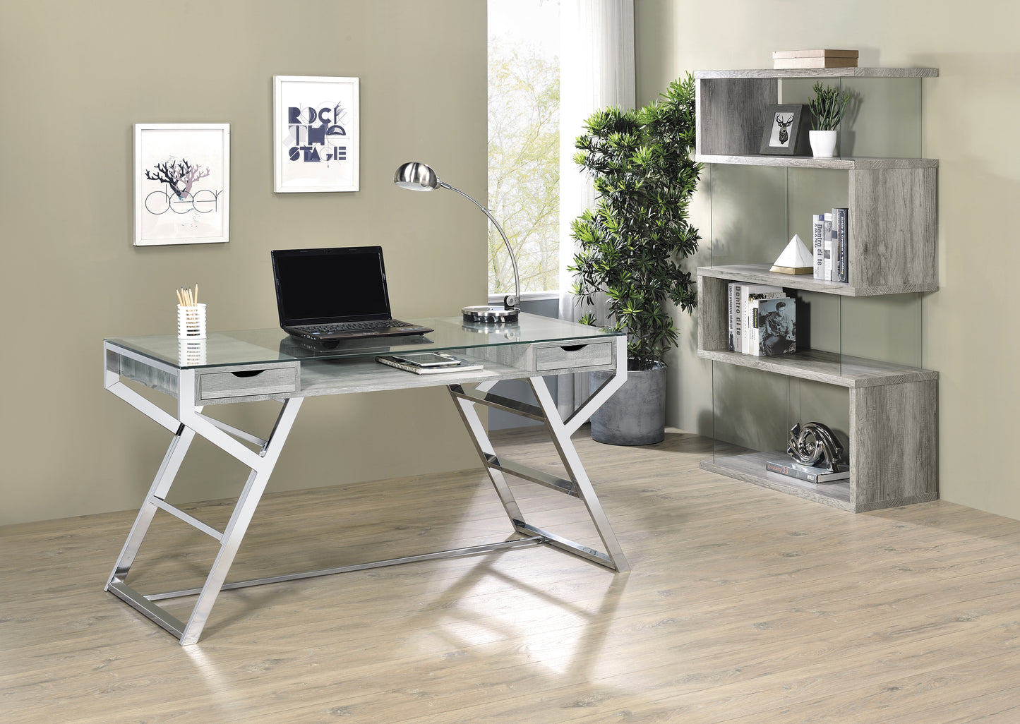 Emelle 56-inch Glass Top Writing Desk Grey Driftwood