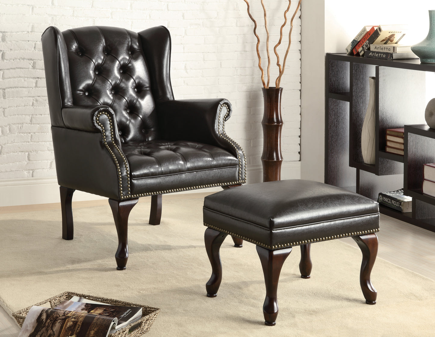 Roberts Button Tufted Back Accent Chair with Ottoman Black and Espresso