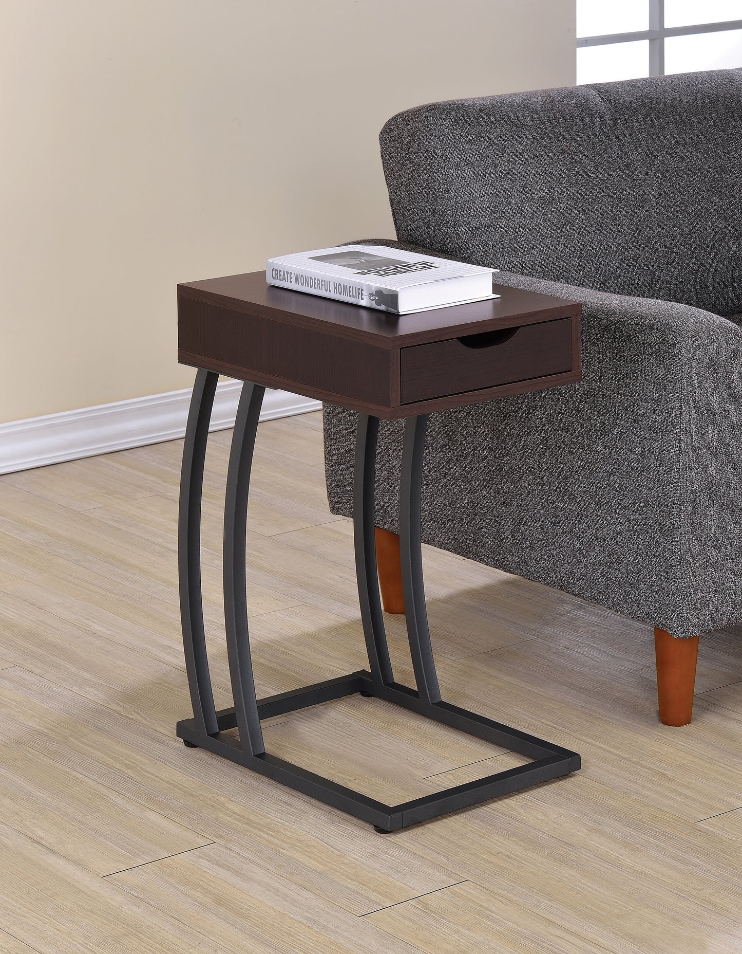 Troy 1-drawer C-Shaped Side Table Power Outlet Cappuccino