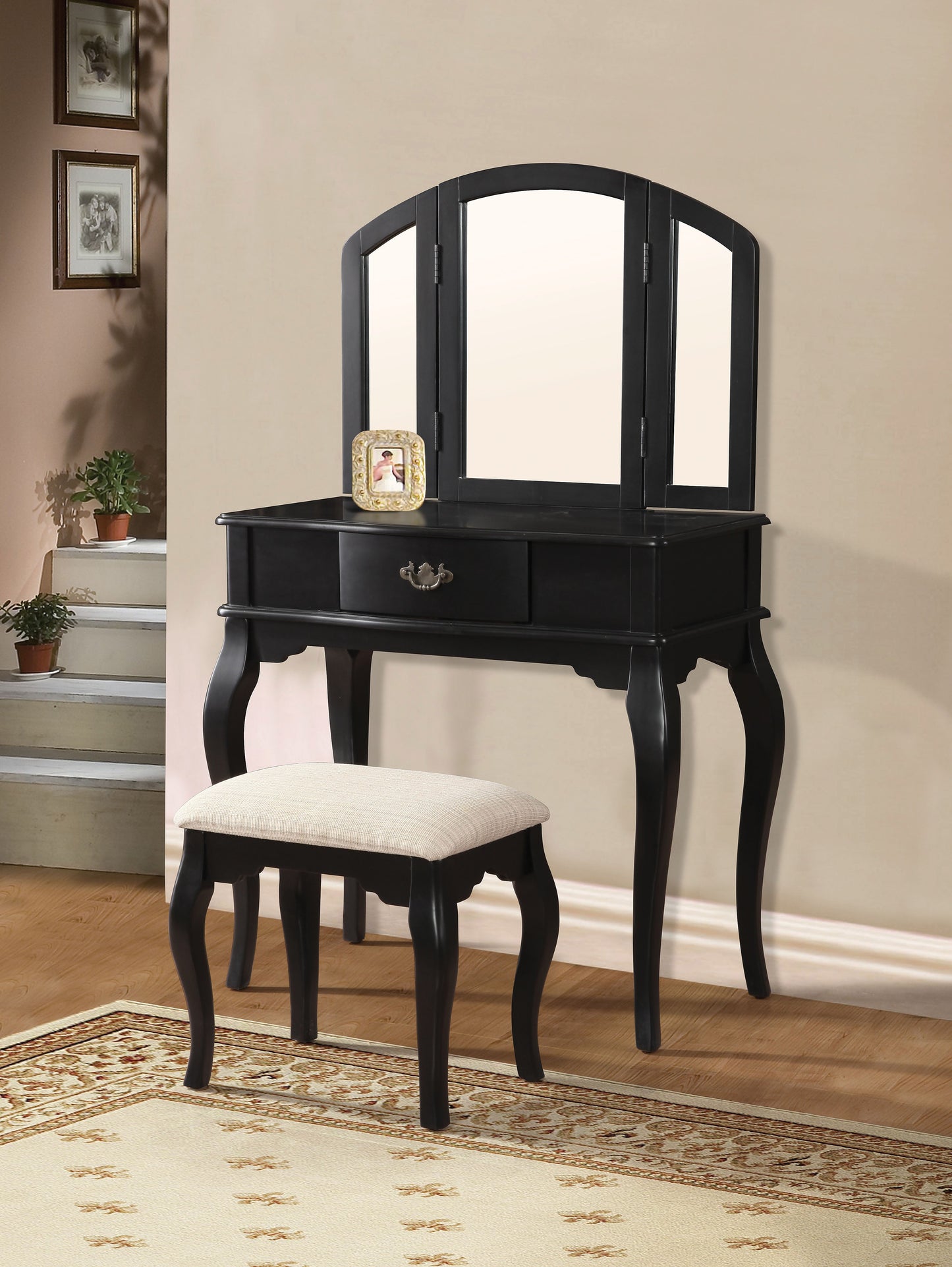 Maren Black Vanity Desk & Stool - ATL FURNITURE