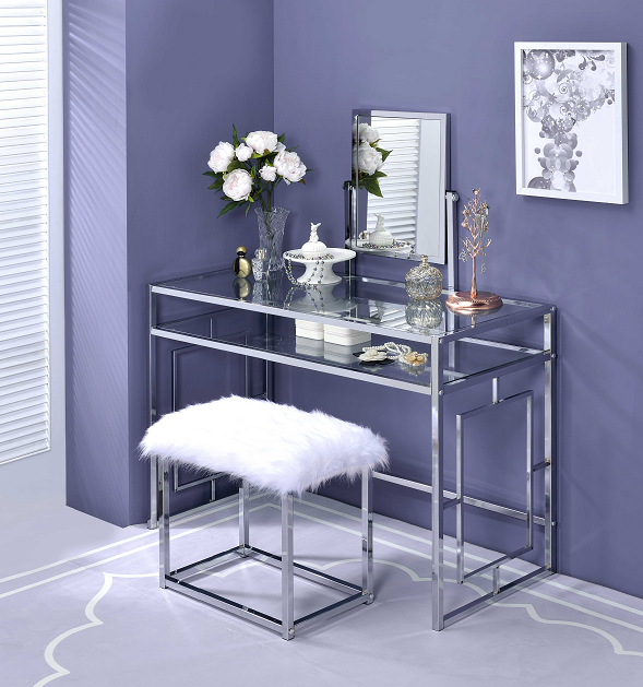 Carenze II White Faux Fur & Chrome Vanity Set - ATL FURNITURE