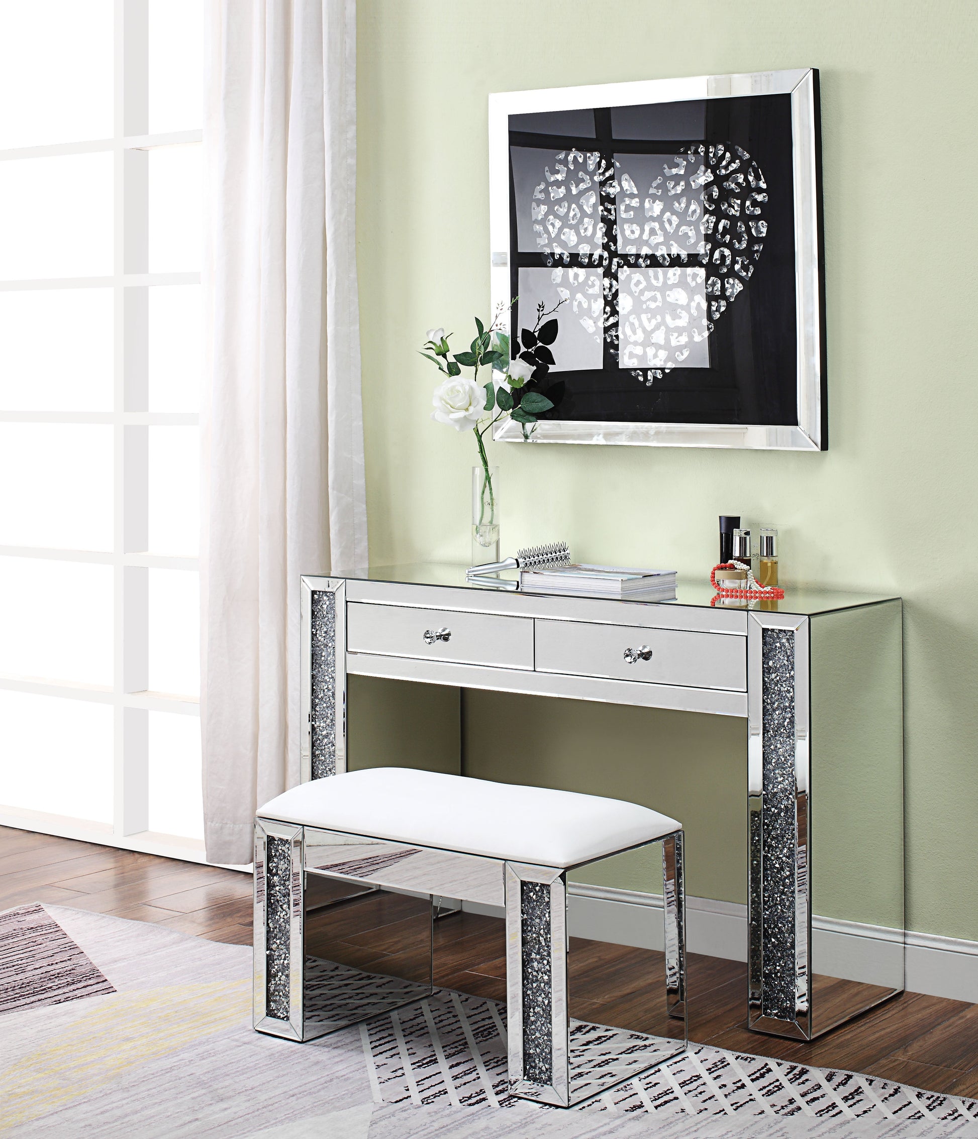 Noralie PU, Mirrored & Faux Diamonds Vanity Stool - ATL FURNITURE