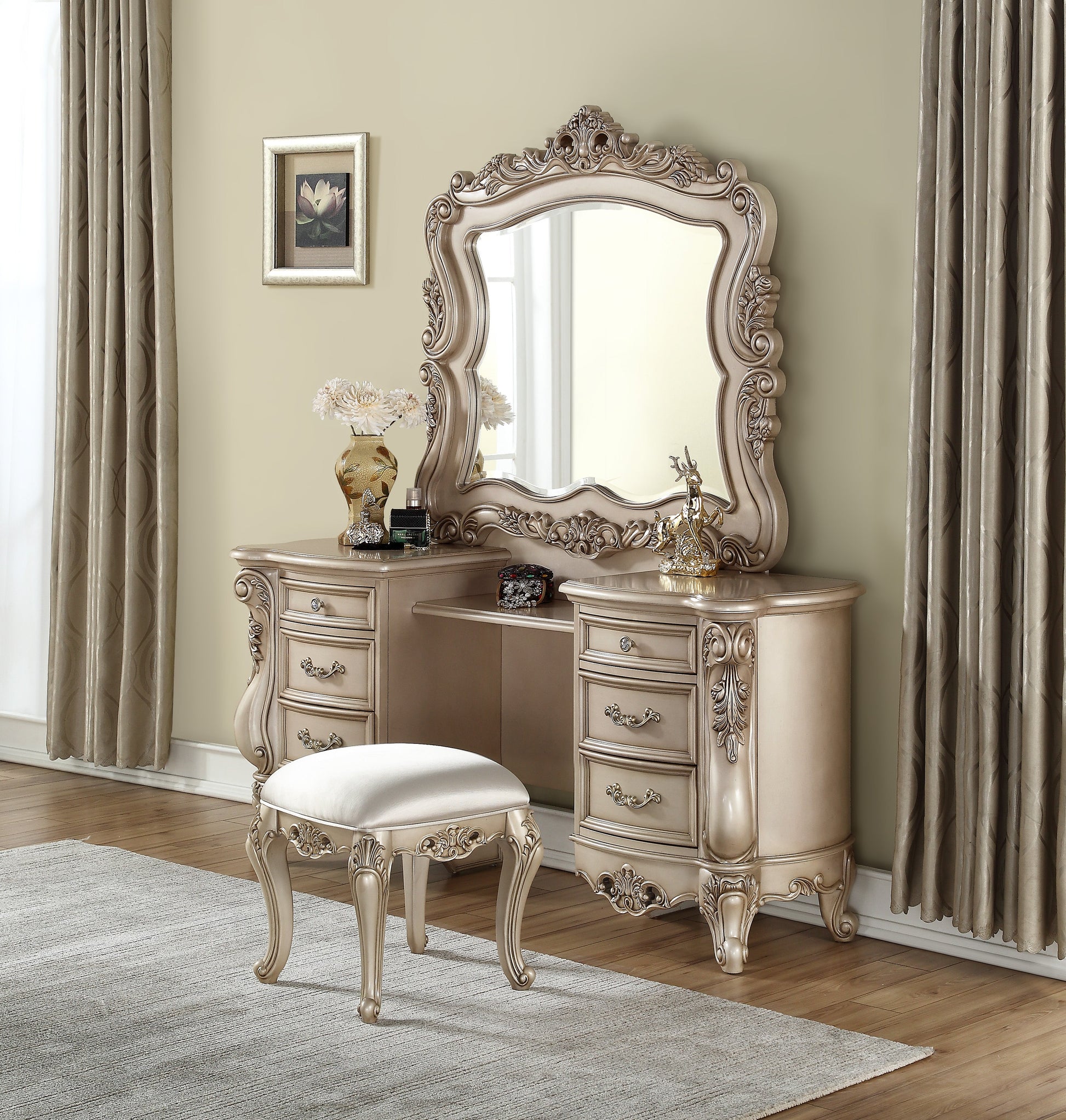 Gorsedd Antique White Vanity Desk & Mirror - ATL FURNITURE