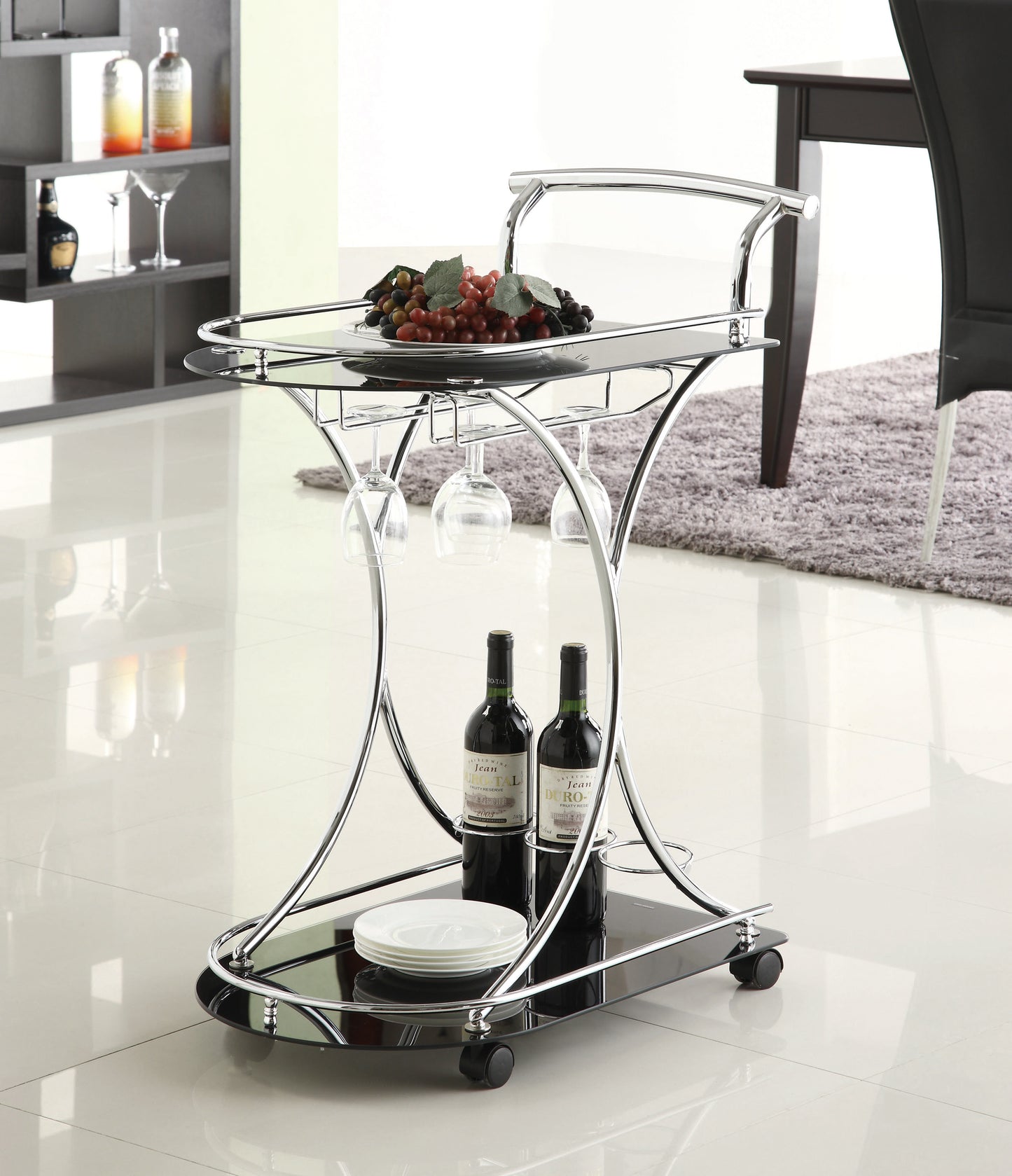 Elfman 2-tier Glass Shelf Metal Bar Cart Black and Chrome
